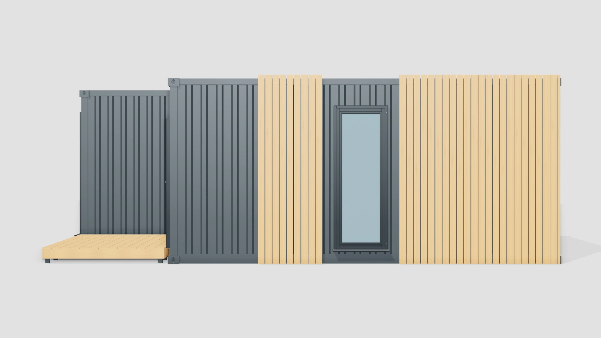 3D: прямой фасад. Планкен и терраса показаны как опции визуализации.