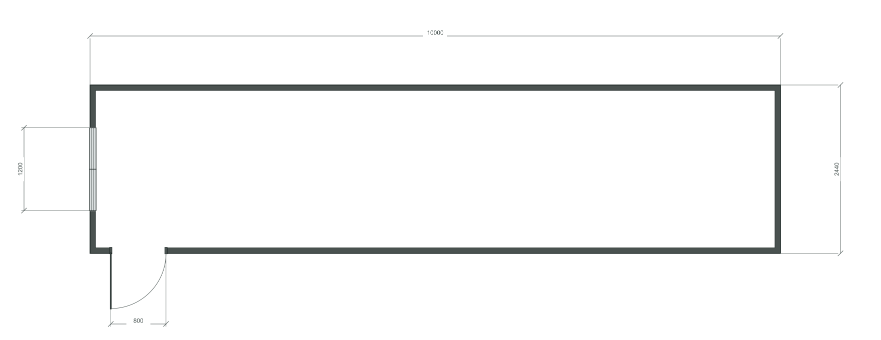 long_edge: входная дверь + 1 окна 1200×1000; окно по центру заводского торца; 40 ft HC, 10000×2440×2900 мм