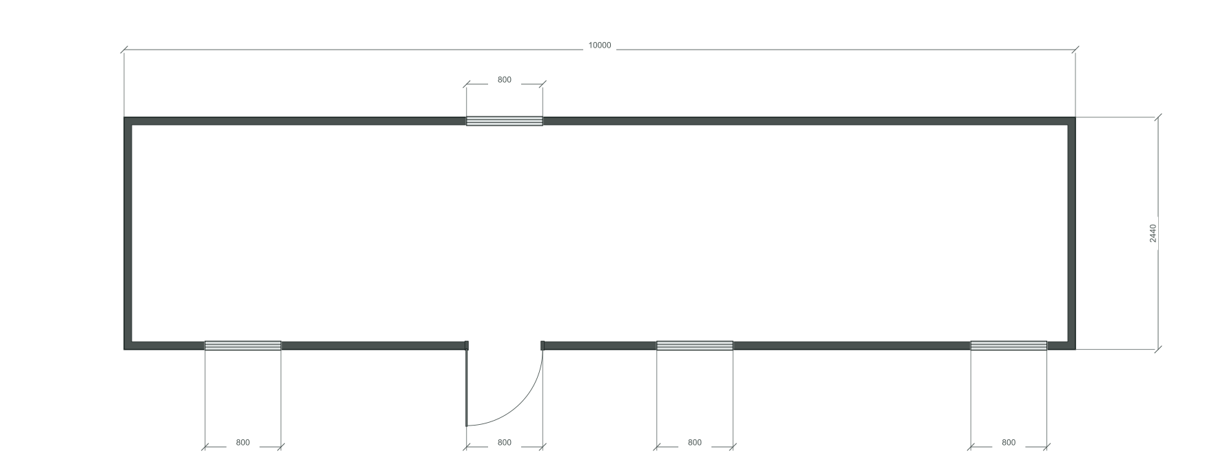 long_offset_3m: входная дверь + 4 окна 800×1000; одно окно в боковой комнате; 40 ft HC, 10000×2440×2900 мм