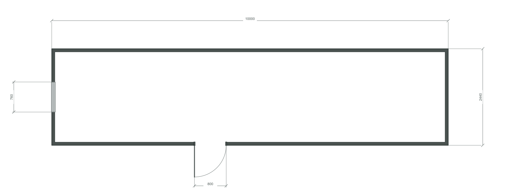 long_offset_3m: входная дверь + 1 окна 760×2180; окно по центру заводского торца; 40 ft HC, 10000×2440×2900 мм