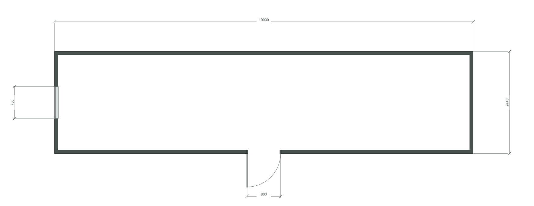 long_center: входная дверь + 1 окна 760×2180; окно по центру заводского торца; 40 ft HC, 10000×2440×2900 мм