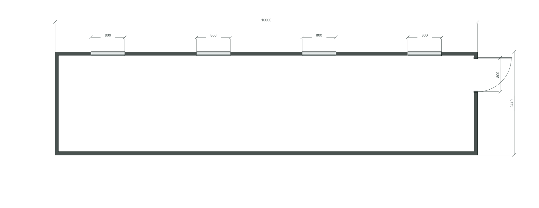 end_edge: входная дверь + 4 окна 800×1000; opposite; центры 1250, 3750, 6250, 8750 мм; 40 ft HC, 10000×2440×2900 мм