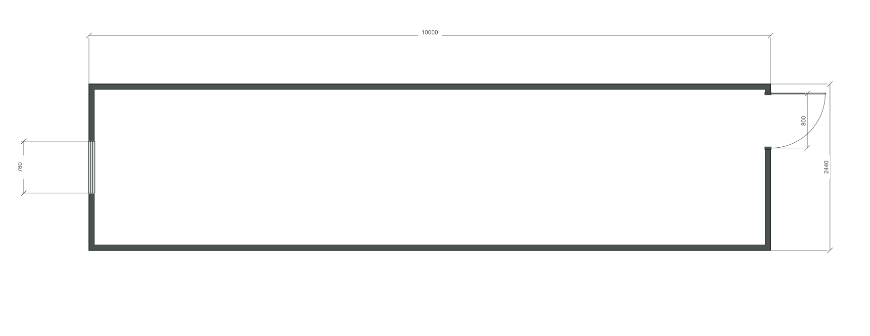 end_edge: входная дверь + 1 окна 760×2180; окно по центру заводского торца; 40 ft HC, 10000×2440×2900 мм