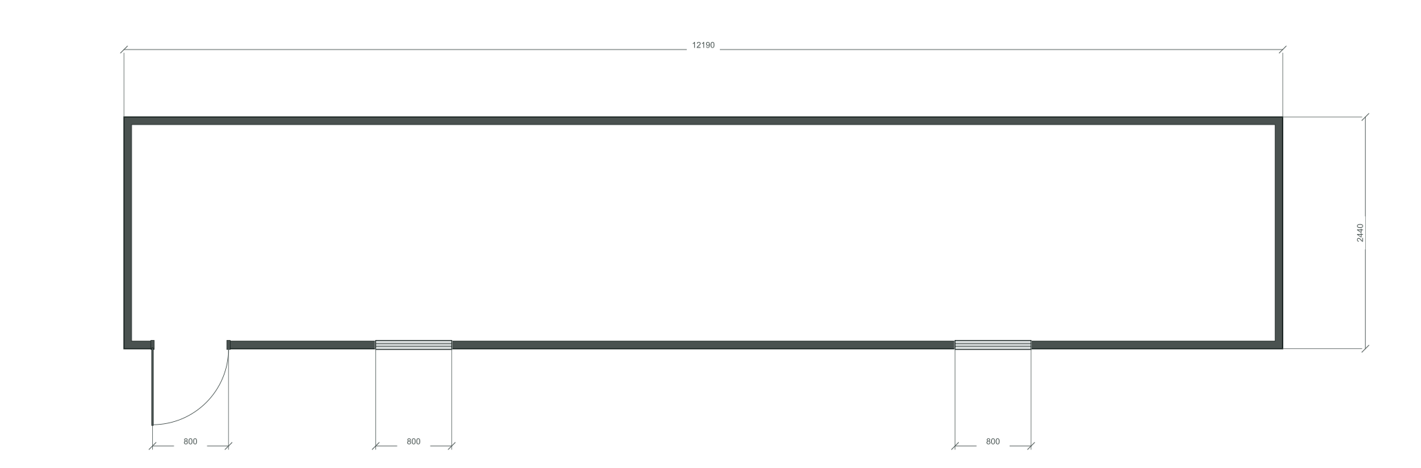 long_edge: входная дверь + 2 окна 800×1000; same; центры 3048, 9143 мм; 40 ft HC, 12190×2440×2900 мм