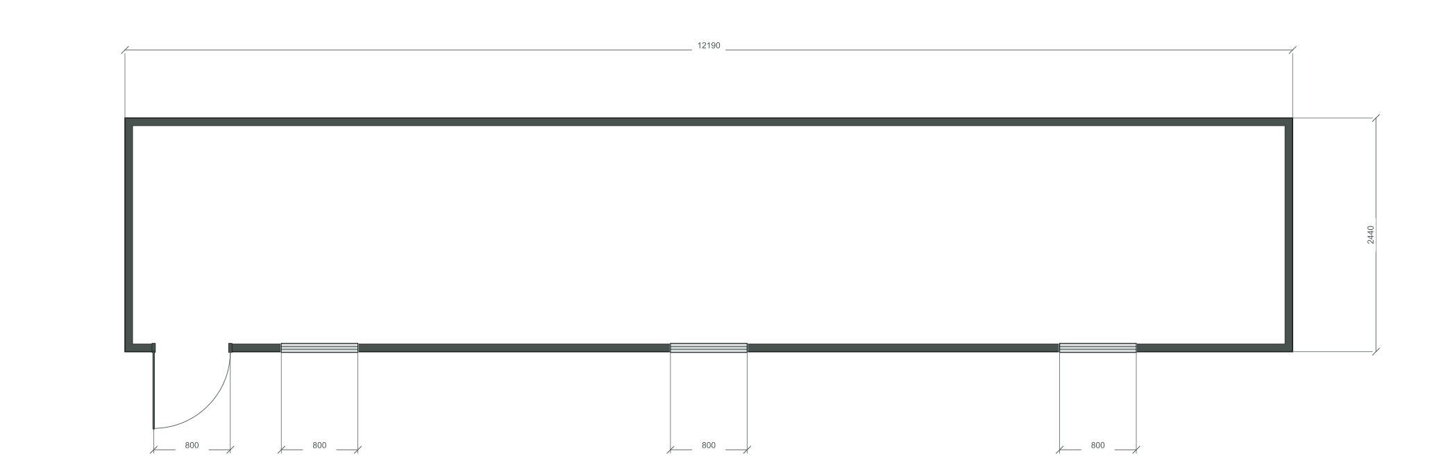 long_edge: входная дверь + 3 окна 800×1000; same; центры 2032, 6095, 10158 мм; 40 ft HC, 12190×2440×2900 мм