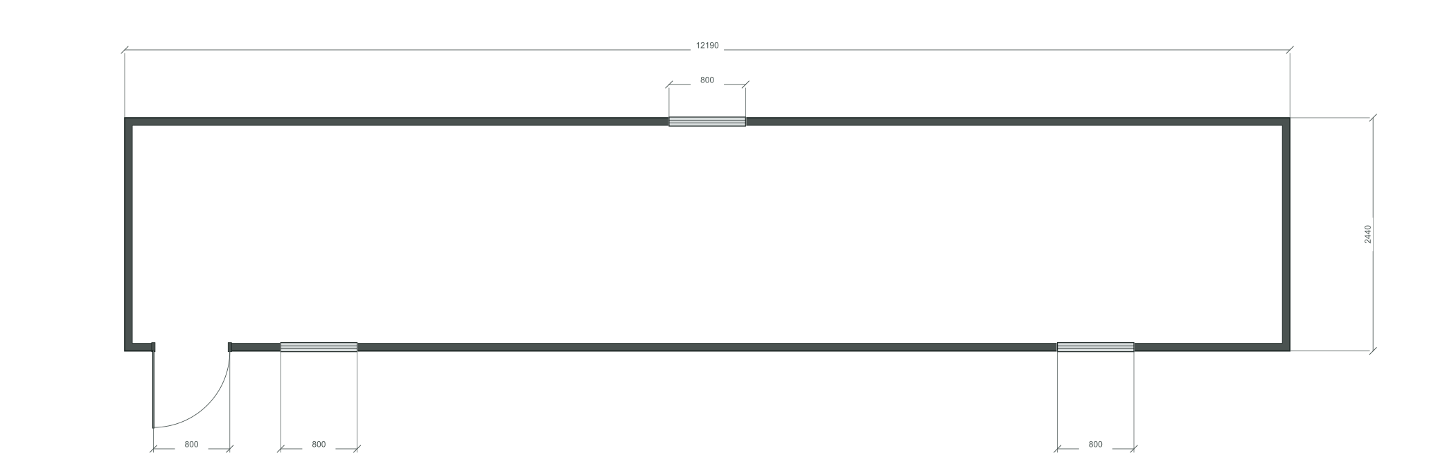 long_edge: входная дверь + 3 окна 800×1000; mixed; центры 2032, 6095, 10158 мм; 40 ft HC, 12190×2440×2900 мм