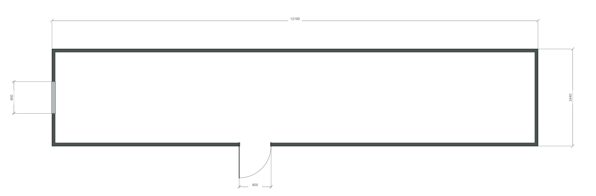 long_offset_3m: входная дверь + 1 окна 800×1000; окно по центру заводского торца; 40 ft HC, 12190×2440×2900 мм