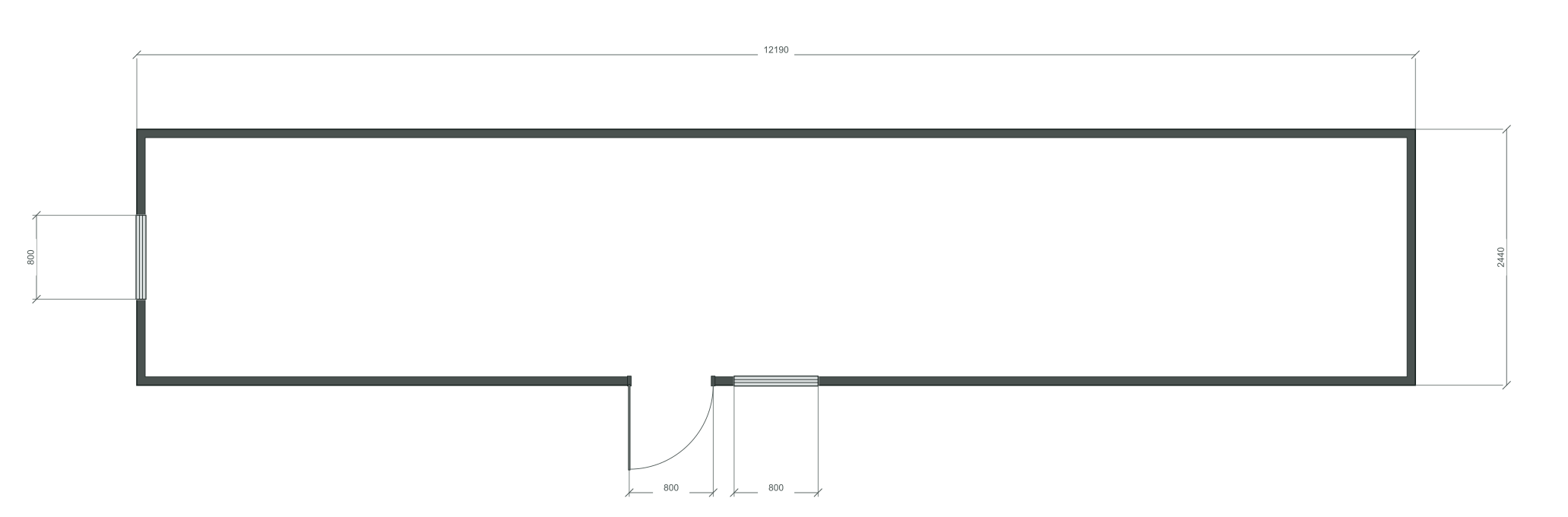 long_offset_3m: входная дверь + 2 окна 800×1000; окно по центру заводского торца; 40 ft HC, 12190×2440×2900 мм
