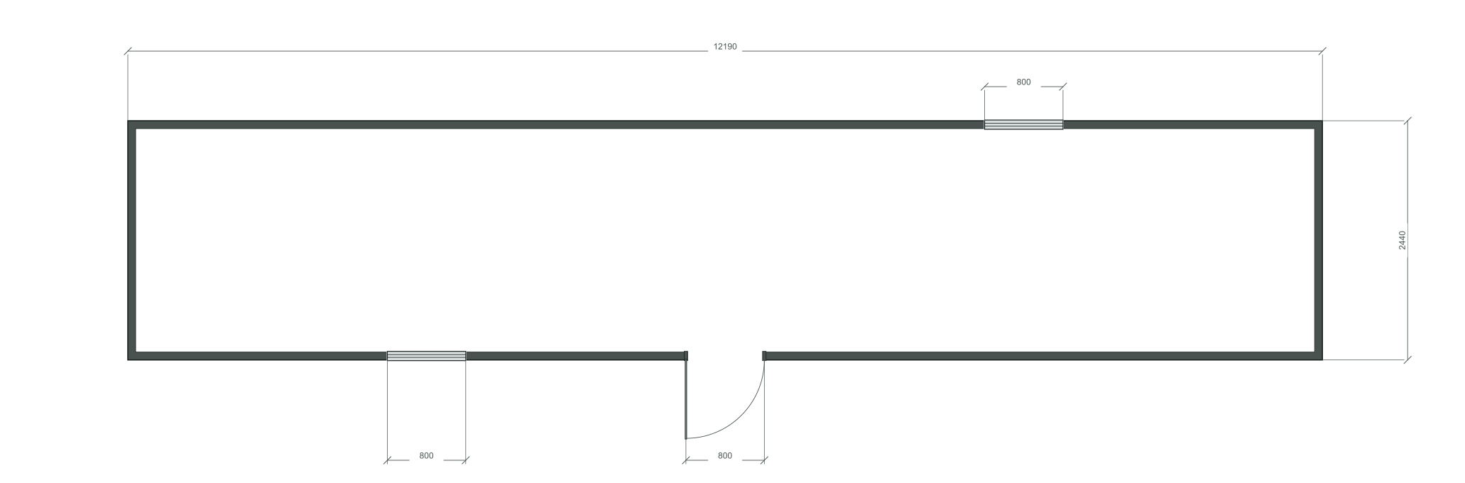 long_center: входная дверь + 2 окна 800×1000; mixed; центры 3048, 9143 мм; 40 ft HC, 12190×2440×2900 мм