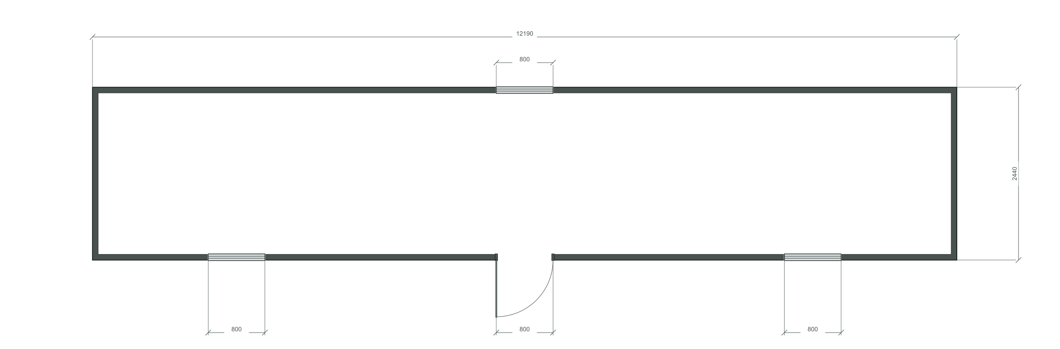 long_center: входная дверь + 3 окна 800×1000; mixed; центры 2032, 6095, 10158 мм; 40 ft HC, 12190×2440×2900 мм