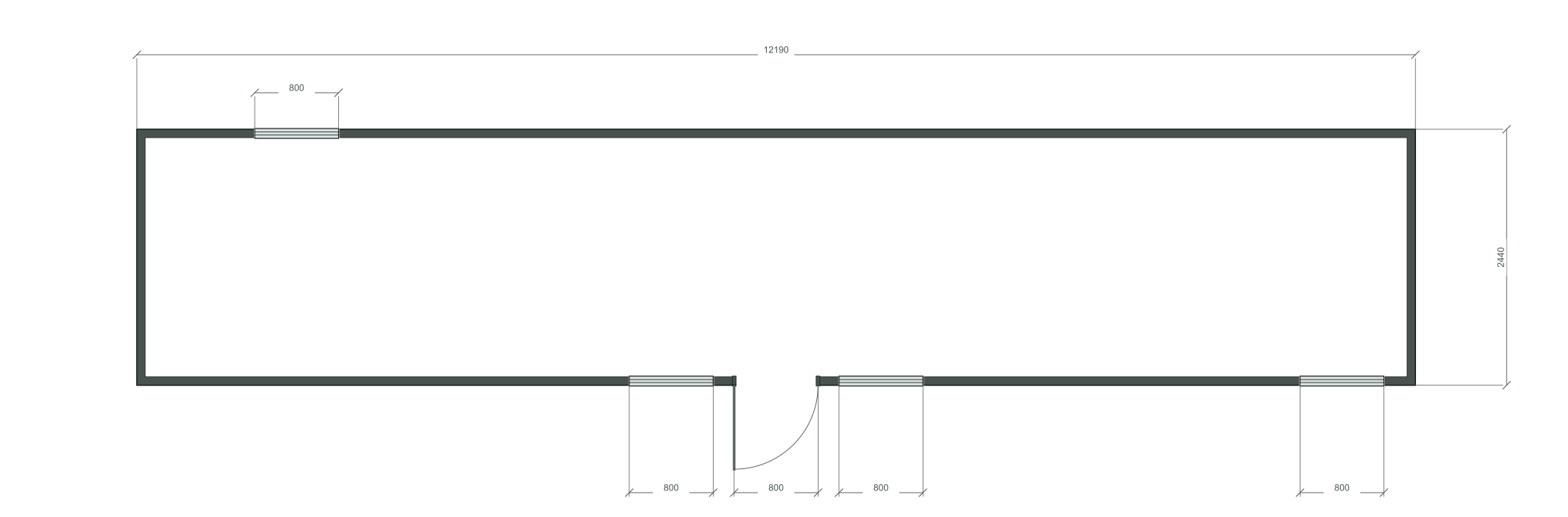 long_center: входная дверь + 4 окна 800×1000; first_opposite; центры 1524, 5095, 7095, 11490 мм; 40 ft HC, 12190×2440×2900 мм