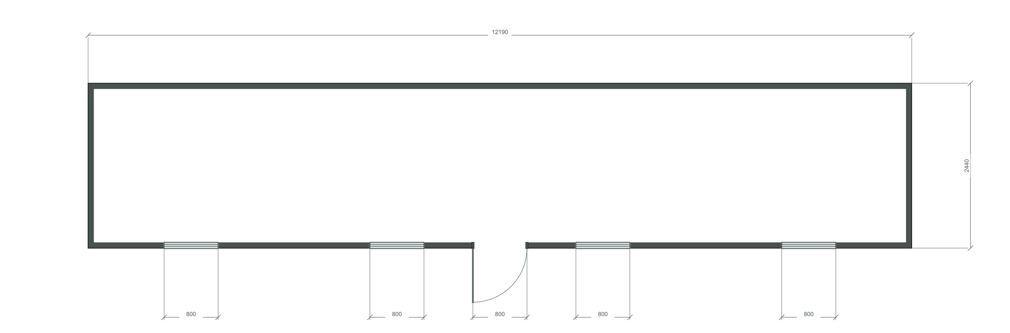 long_center: входная дверь + 4 окна 800×1000; same; центры 1524, 4571, 7619, 10666 мм; 40 ft HC, 12190×2440×2900 мм