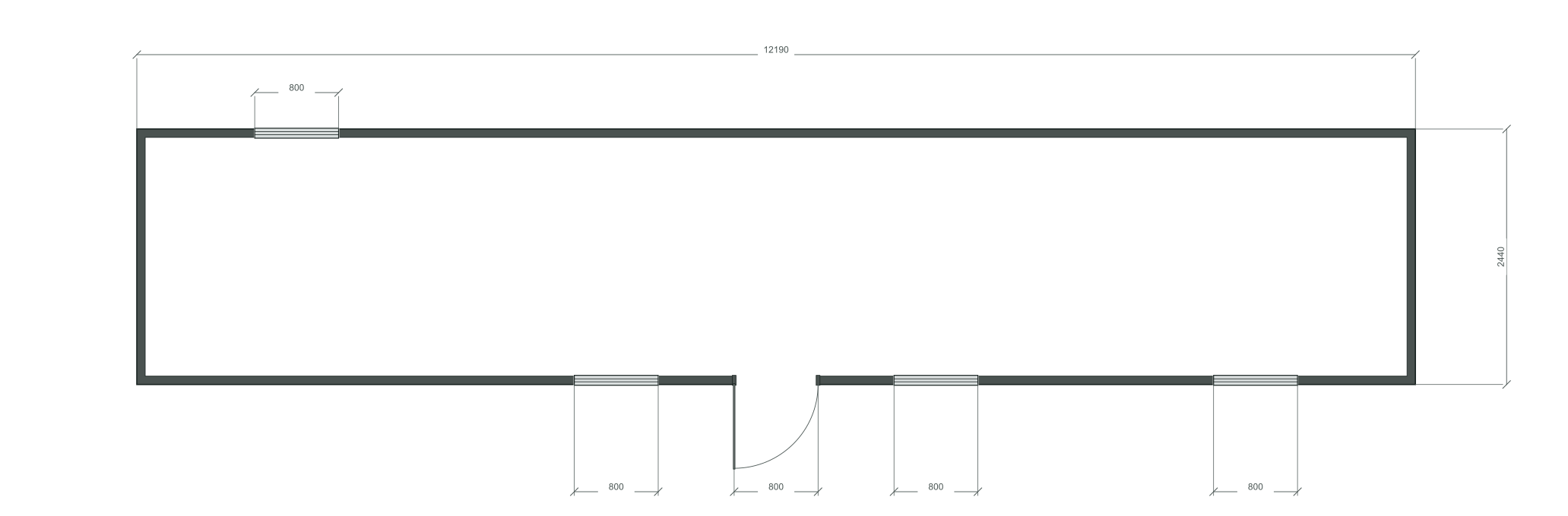 long_center: входная дверь + 4 окна 800×1000; first_opposite; центры 1524, 4571, 7619, 10666 мм; 40 ft HC, 12190×2440×2900 мм