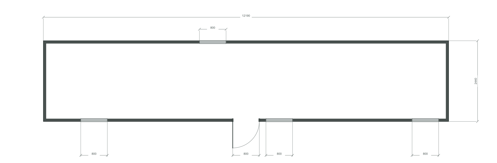 long_center: входная дверь + 4 окна 800×1000; одно окно в боковой комнате; 40 ft HC, 12190×2440×2900 мм