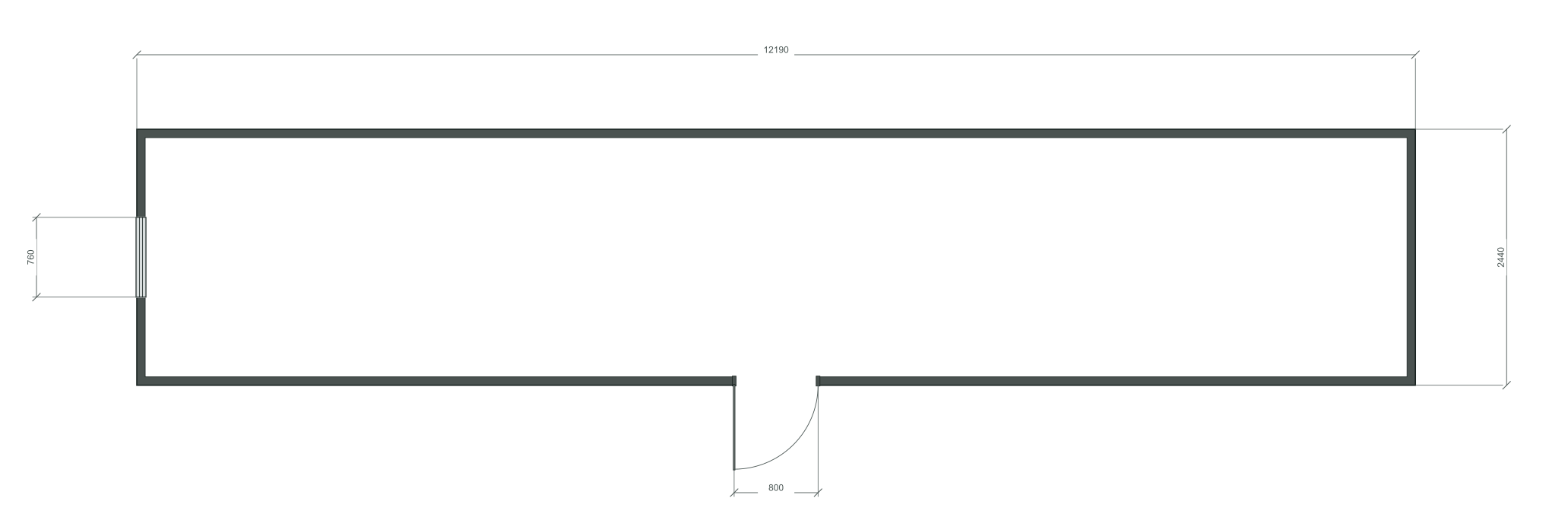 long_center: входная дверь + 1 окна 760×2180; окно по центру заводского торца; 40 ft HC, 12190×2440×2900 мм