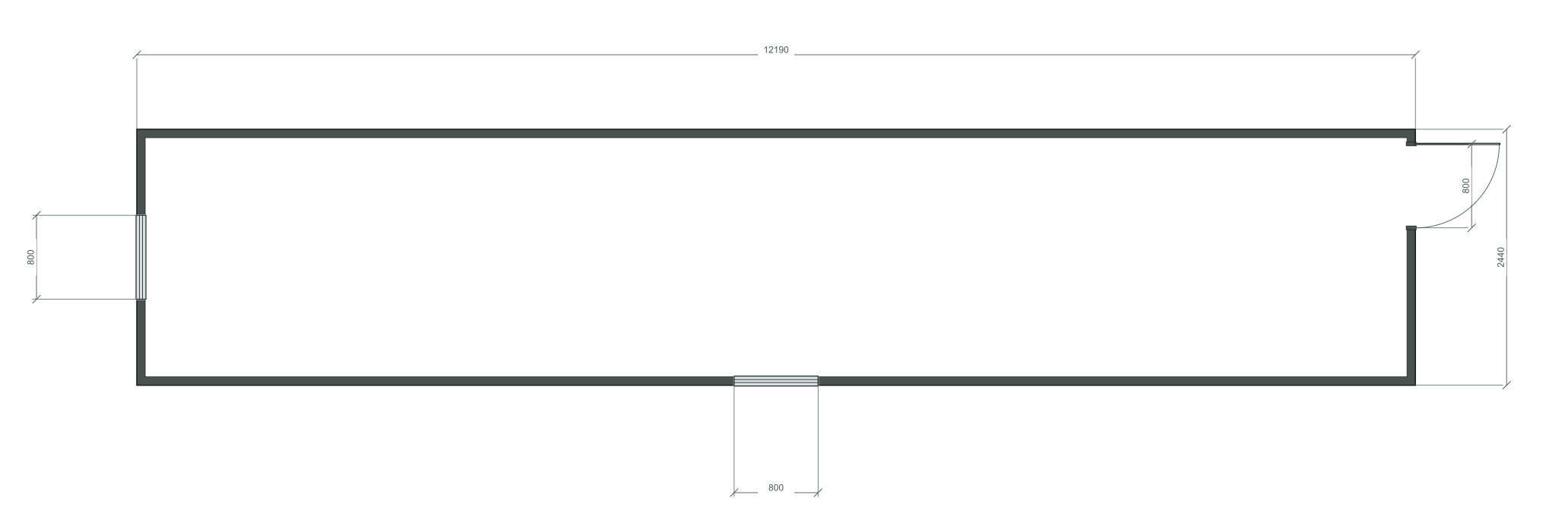 end_edge: входная дверь + 2 окна 800×1000; окно по центру заводского торца; 40 ft HC, 12190×2440×2900 мм