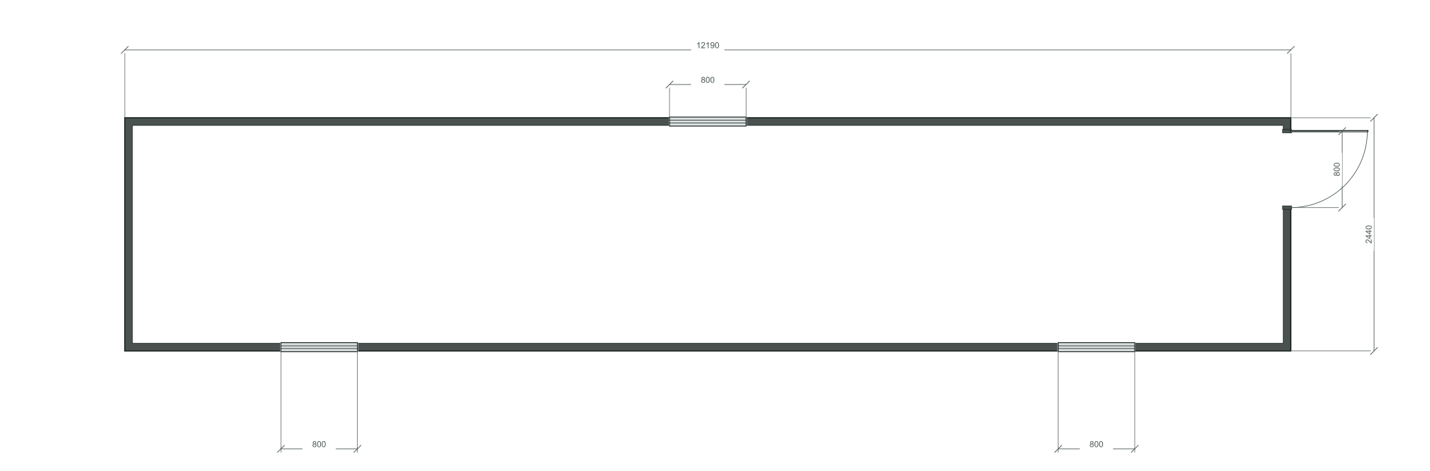end_edge: входная дверь + 3 окна 800×1000; mixed; центры 2032, 6095, 10158 мм; 40 ft HC, 12190×2440×2900 мм