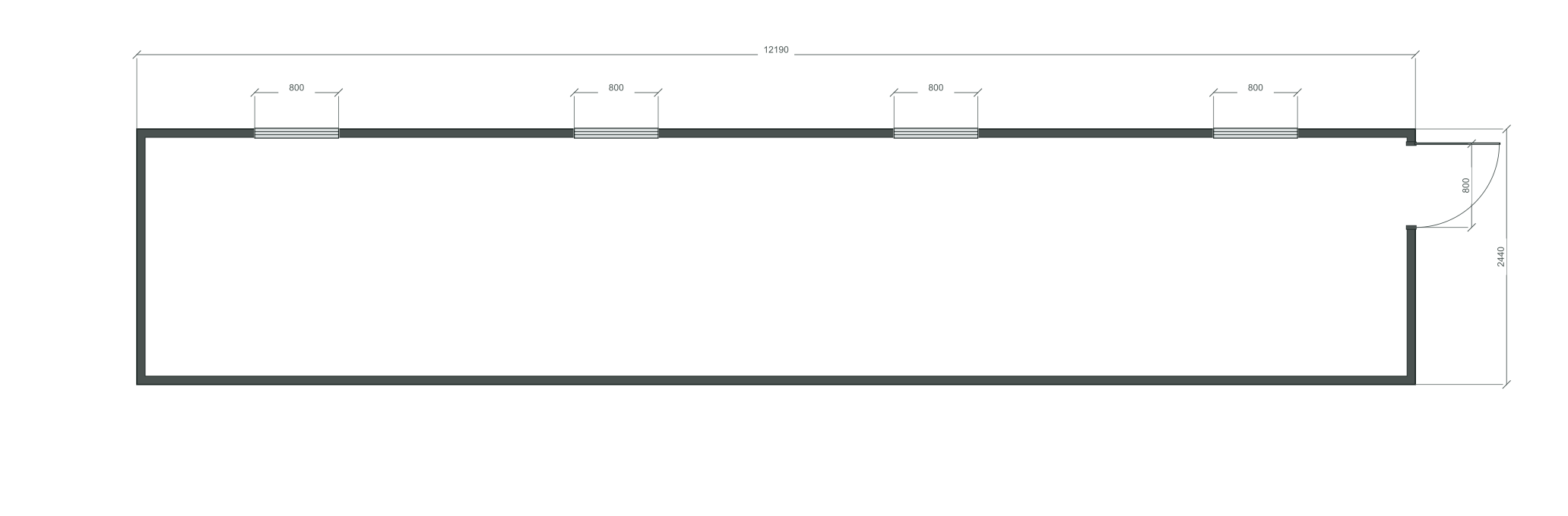 end_edge: входная дверь + 4 окна 800×1000; opposite; центры 1524, 4571, 7619, 10666 мм; 40 ft HC, 12190×2440×2900 мм