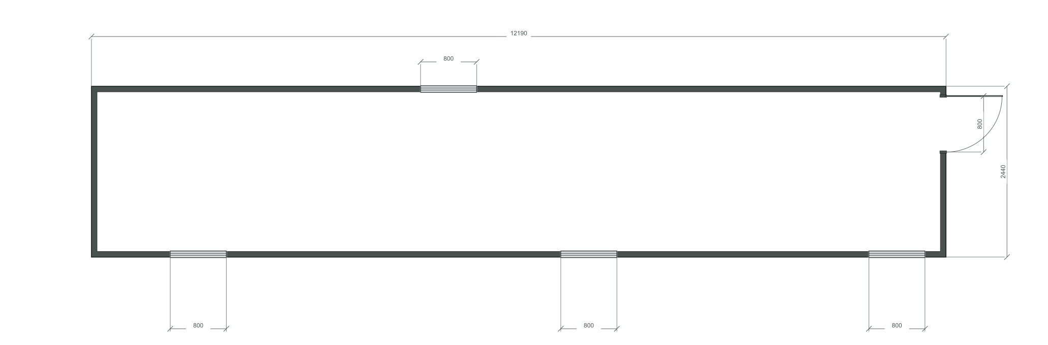 end_edge: входная дверь + 4 окна 800×1000; одно окно в боковой комнате; 40 ft HC, 12190×2440×2900 мм